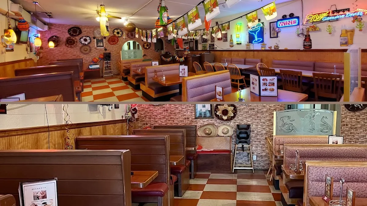 Casual seating inside a seafood and Mexican restaurant.